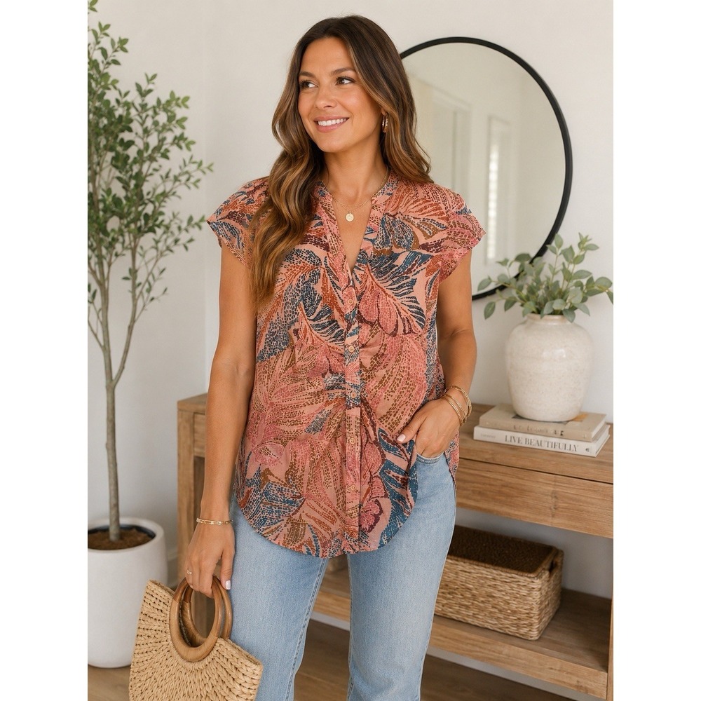 NWT DR2 Large Tropical Leaf Print Blouse Pink Flutter Sleeve Gathered Front Top
